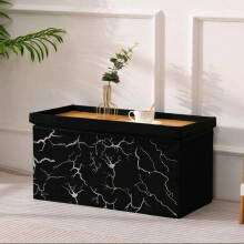 (2STR Black-Silver Marble Ottoman) 2-in-1 Velvet Ottoman Storage Bench - Foldable 2-Seater with Storage Coffee Table Use & Marble Effect Living Room Furniture