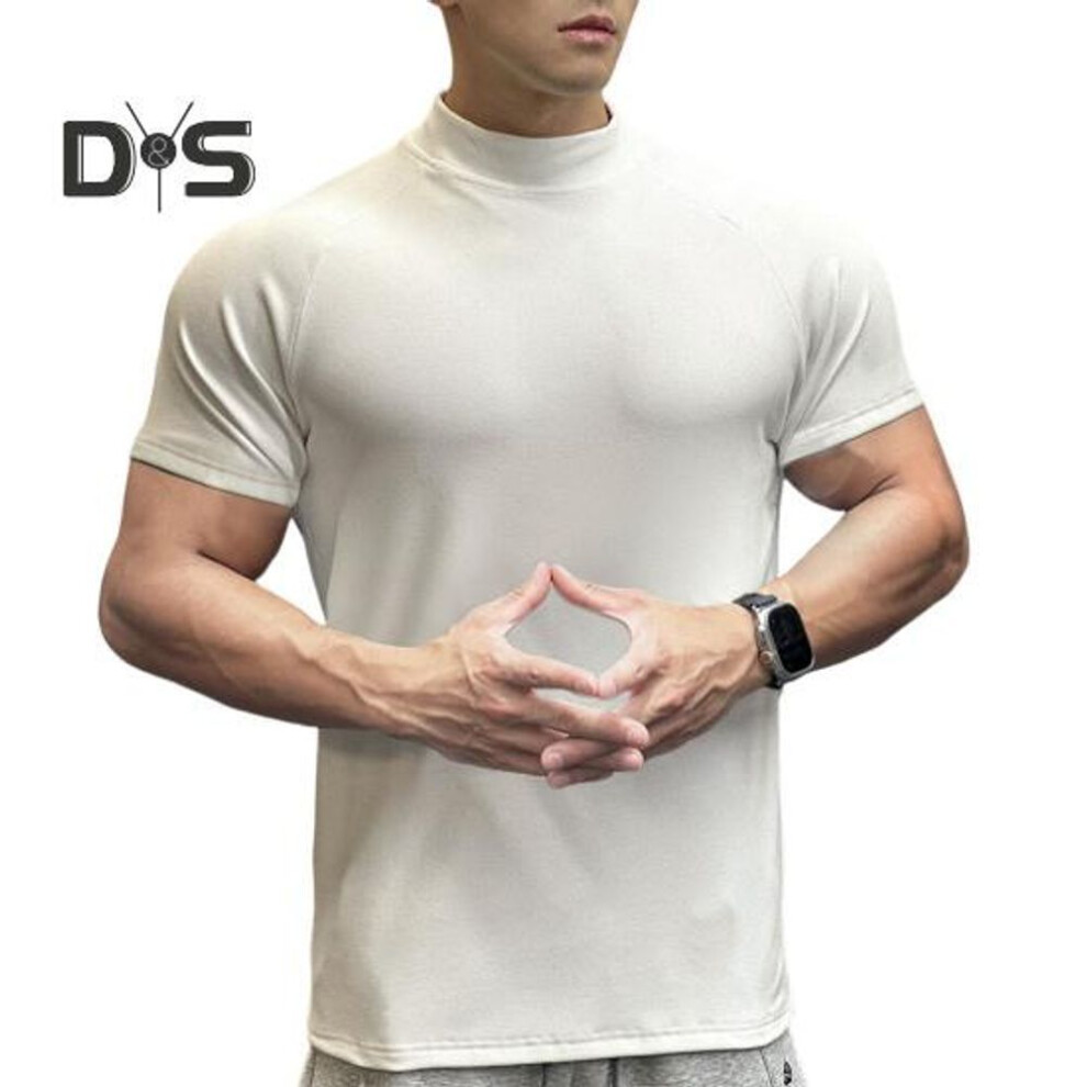 (white, M) Men Fitness T-shirts Slim Fit Turtleneck Short Sleeve Undershirt Gym Fitness Tee Casual Base Layer Muscle Top For Workout Travel Office