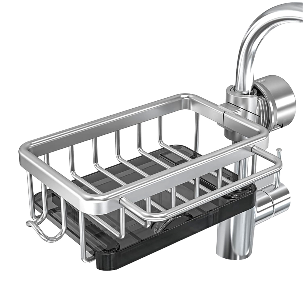 Sponge Holder Over Faucet Kitchen Sink Organizer, Space Aluminum Detachable Hanging Drain Rack With Hook Silver 4852404135583