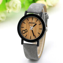 (Grey)Simple Wood Grain Dial Brown Canvas Band Analog Quartz Womens Mens Watch Wrist