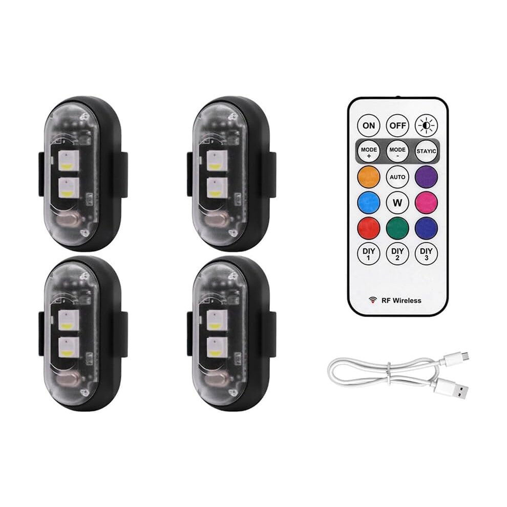 4PCS Wireless LED Strobe Lights with Remote Control, 8 Colors USB Charing Waterproof Emergency Warning Lights