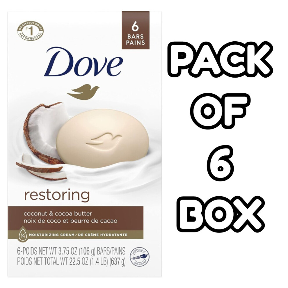 (PACK OF 6) DOVE Restoring Coconut Milk & Cocoa Butter Beauty Bar Soap 106g |Jasmine Petals Scent |Softer, Smoother & More Radiant-Looking Skin