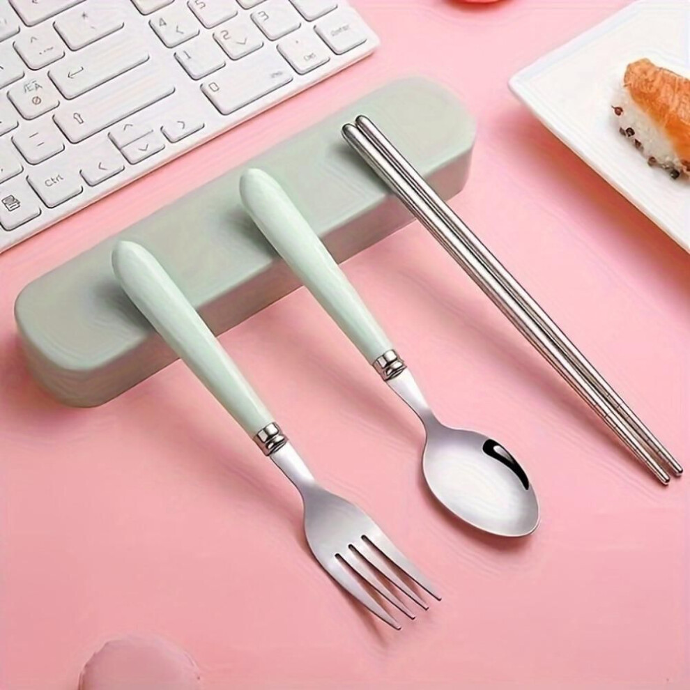 (green) 1 Set Stainless Steel Cutlery Set, Polished Finish, Portable Flatware With Storage Case For Picnic, Camping, Daily Use - Durable And Compact