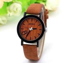 (LightCoffee)Simple Wood Grain Dial Brown Canvas Band Analog Quartz Womens Mens Watch Wrist