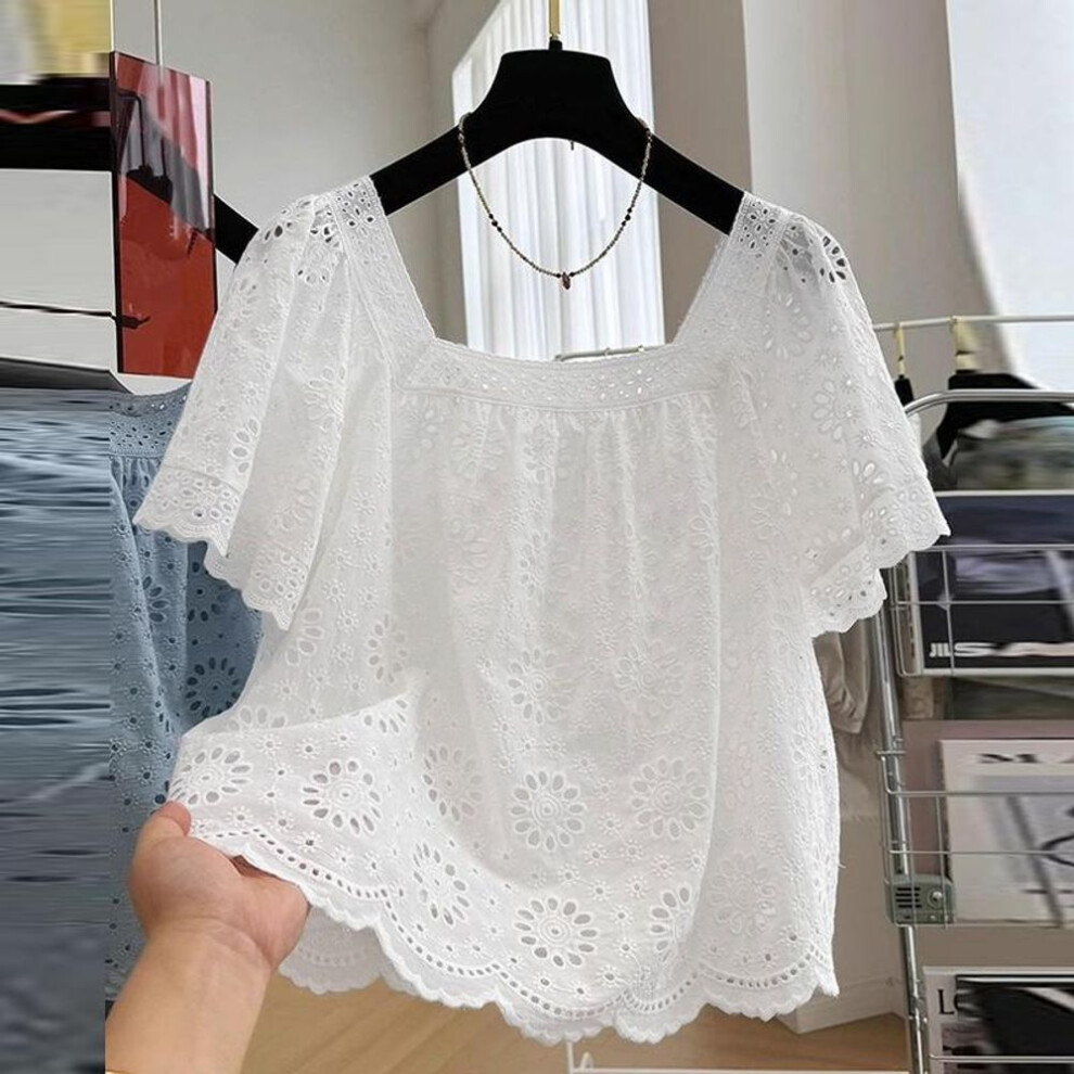 (XL, white) Zanzea Women Square Neck Casual Short Sleeve Hollow Out Lace Crochet Blouse