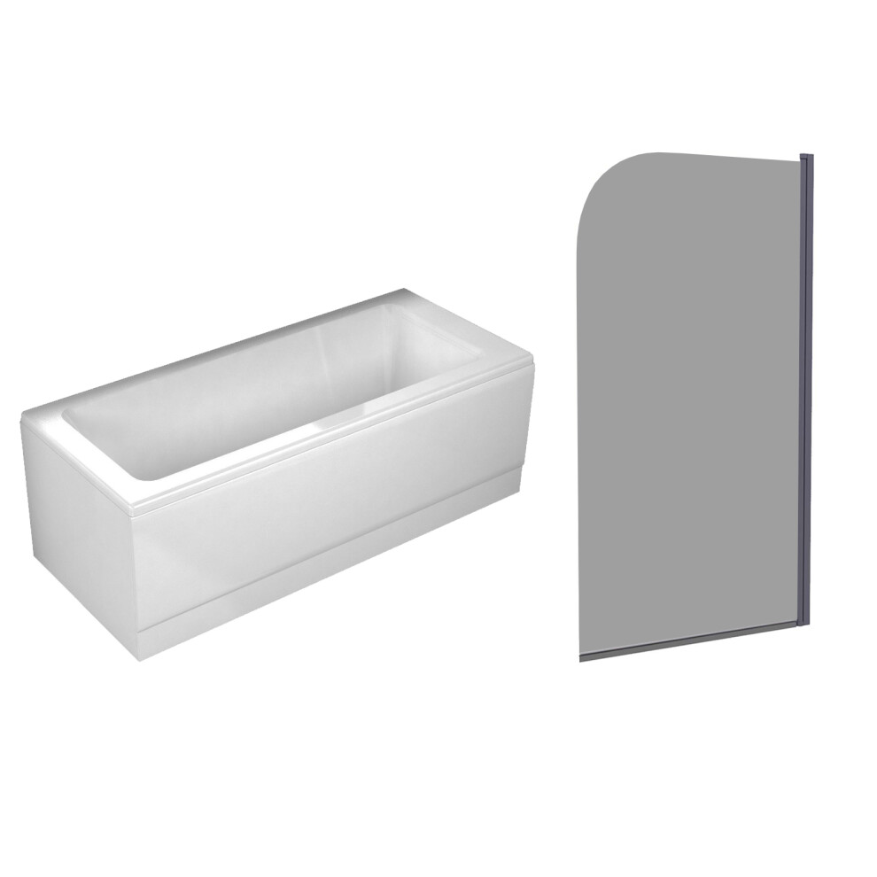 Nes Home 1700Mm Square Bath With Curved Black Frame Dark Grey Bath Screen