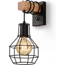 Industrial Indoor Wall Light, Vintage Dimmable Cage Shade with Switch Wall Light Fixture, E27 Metal and Wood Rope, for Living Room, Dining Room, Hallw