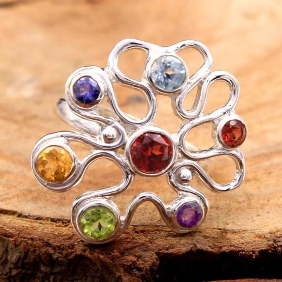 (blue, 7.5) Silver Charm Jewelry, 7 Stone Ring, 925 Sterling Silver Handmade Jewelry, Silver Ring