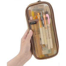 Grid Mesh Pen Pencil Case with Zipper Clear Makeup Color Multi-Purpose Travel School Teen Girls  Office Organizer Box for Adluts(Khaki)