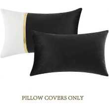 2 Packs Black Decorative Throw Pillow Covers 12x20 Inch, Black and White Velvet Patchwork with Gold Leather, Luxury Modern Home Decor,30x50 cm