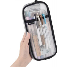 Grid Mesh Pen Pencil Case with Zipper Clear Makeup Color Pouch Multi-Purpose Travel School Teen Girls Office Organizer Box for Adluts(Black)