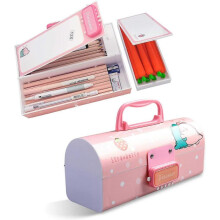 Multifunction Pencil Box with Double Password Lock, Large Capacity Plastic Stationery Case Combination Lock Pencil Box Organizer(Dinosaur Pink)
