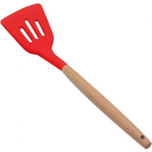 Silicone Slotted Spatula, High Heat Resistant to 480F, BPA Free, Food Grade Slotted Turner, Wooden Handle Nonstick Flipper for Fish, Eggs etc(Red)