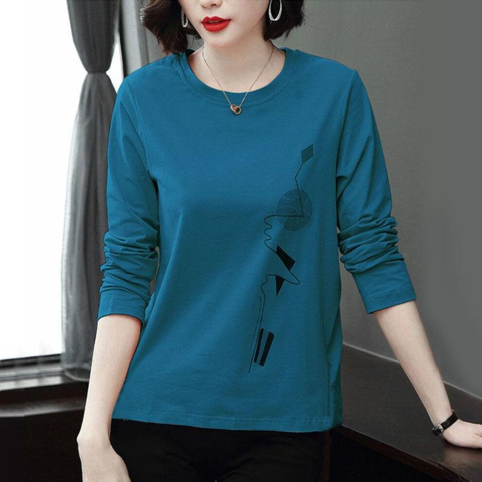 (3XL, blue) Supple Solid T-shirts Round Neck Printing Graphic Casual Bottoming Pullovers Autumn Winter Women's Clothing Simple Office Lady