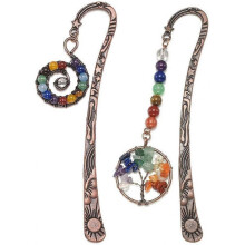 2pcsMetal Bookmark-Vintage Bronze Star Sun Moon Rune w/ 7 Chakra Beaded Spiral and Tree of Life Charms Pendant