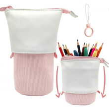 Pencil Case Telescopic Pencil Bag Cute Stand Up Pen Holder Office Portable Storage Pencil Pouch Corduroy Pink