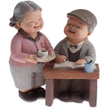 OLD MARRIED COUPLE FIGURE FIGURINE STATUES HOME GARDEN ORNAMENTS DECOR - Drinking Tea