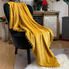 Flannel Blanket with Pompom Nap Blanket Cozy Bed Blanket Soft Throw Blanket for Sofa Bed Suitable for All Seasons (Mustard Yellow, 150x200cm)