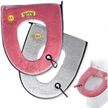 2PCS Warm Plush Toilet Seat Cover Pad with Handle and Zipper Washable and Reusable (Pink+Gray)