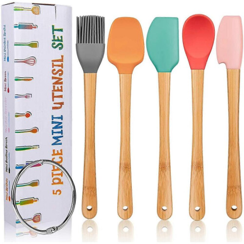 5pcs Dough Scraper Silicone Cover Scraper Silicone Scraper, Heat Resistant, Non-Stick Coated, Plastic Scraper, Ergonomic Removable Bamboo Handle 1