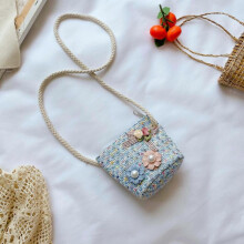 Woven Shoulder Bag for Children, Wallet, Cute Shape 12 * 17 Cm (Blue + Pearl Flower)