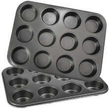 Set of 2pcs Muffin Pans, Non-Stick Carbon Steel 12 Muffin Pans, Cupcake Pan for Making Brownies, Cakes, Pudding, for Christmas Gift -Black