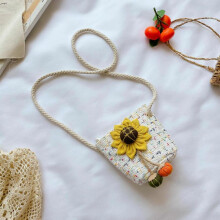 Woven Shoulder Bag for Children, Wallet, Cute Shape 12 * 17 Cm (White + Sunflower)
