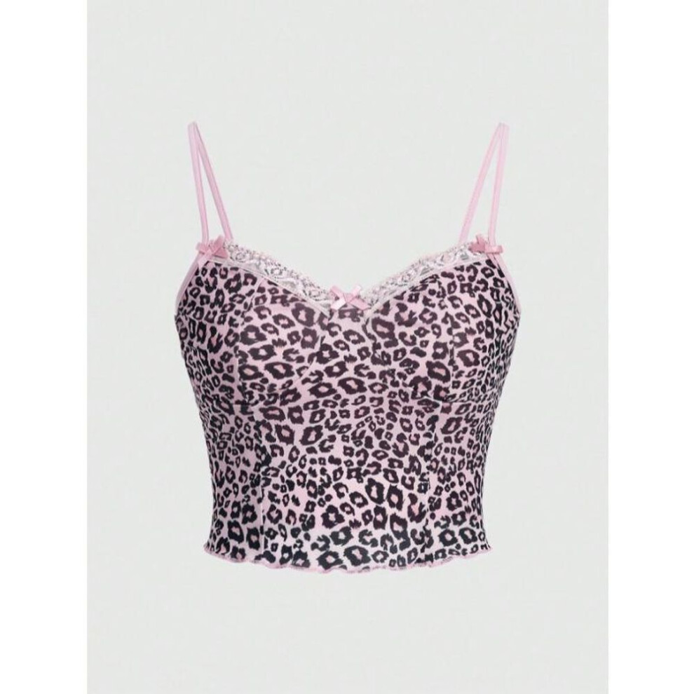 (XL, pink) Women's Leopard Mesh Splicing Lace Floral Lace Edge Slim Spice Camisole