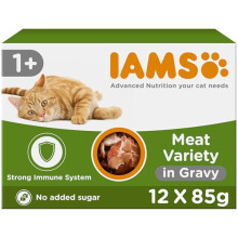 IAMS Delights Complete Wet Cat Food for Adult 1+ Cats Meat Variety in Gravy Multipack 12 x 85 g Pouches