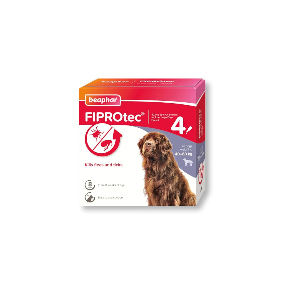 Beaphar | FIPROtec Spot-On for Extra Large Dogs (40–60kg) | Kills Fleas & Ticks | Vet Strength Treatment | 4 Pipettes