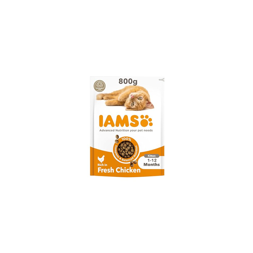 IAMS Complete Dry Cat Food for Kittens with Chicken 800 g-DHA for brain, Taurine for vision, fibre and prebiotics for digestion, Omega 3&6 for coat