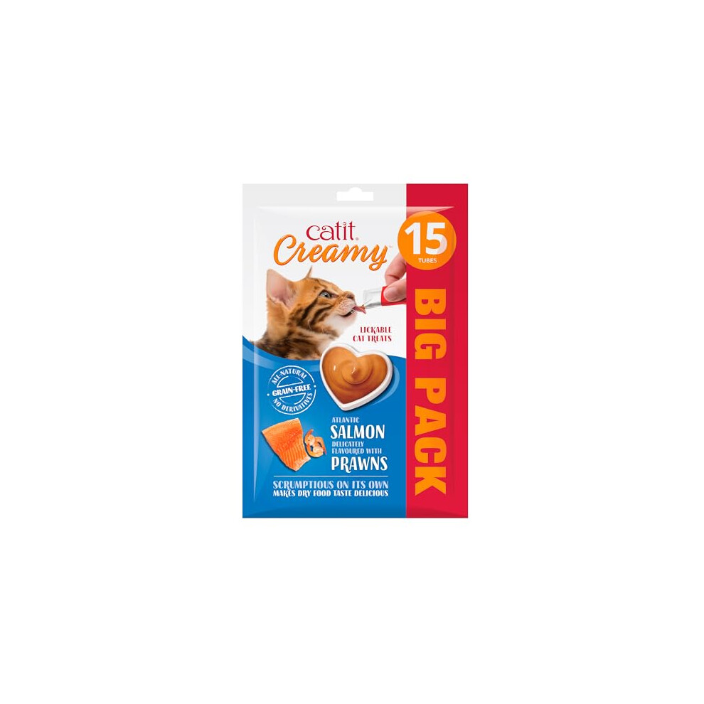 Catit Creamy & Prawn Lickable Cat Treats For Cats And Kittens, Cat Treat Licky Snack, -Free Lick Treat, 15 X 10G Multipack Salmon/Grain