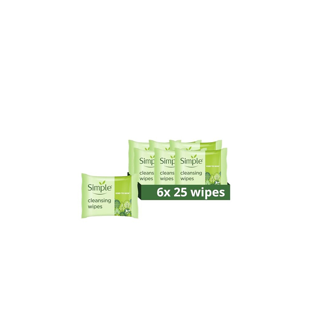 Simple Kind To Skin Bio-Degradable Cleansing Wipes Face Wipes To Remove Waterproof Eye Make-Up For Sensitive Skin 6X 25 Wipes