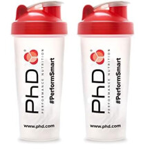 PhD Nutrition Mixball Shaker, Shaker for Protein Shakes, Wire Mixball Whisk, Red Non-Drip Screw Lid, Transparent Colour, 600 ml (Pack of 2)