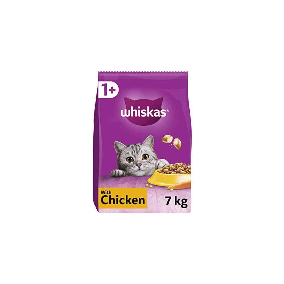 WHISKAS - 1+ Adult Dry Cat Food - 7kg - Biscuits Made with Chicken - Bulk Cat Food Bag