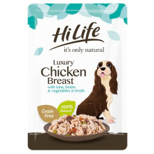 HILIFE it's only natural - Wet Dog Food - Luxury Chicken Breast, Tuna, Beans, Vegetables in Broth - 100% Natural Grain Free, 15 Pouches x 100g