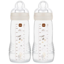 MAM Easy Active Bottles | 2 Pack (2 x 330ml) | Fast Flow MAM Teats Size 3 | Baby Accessories | Grey (Various Designs)