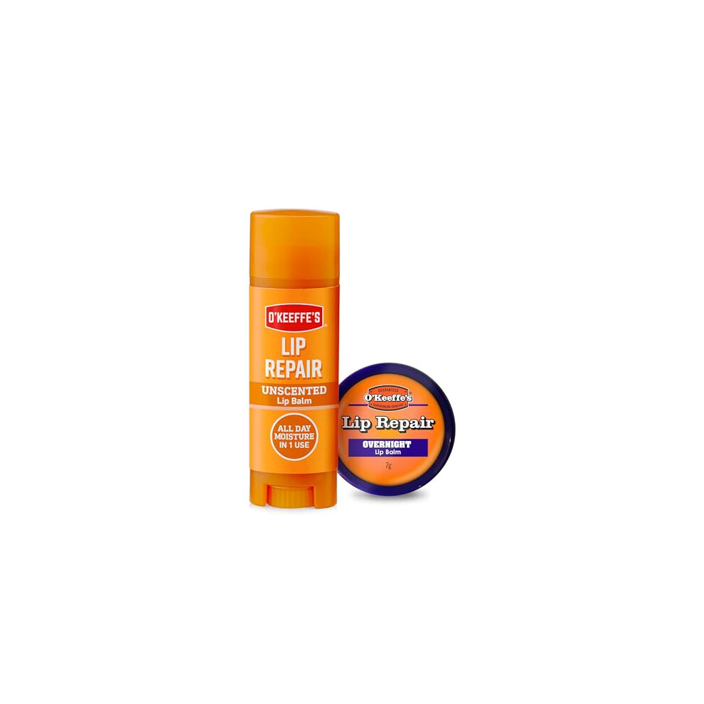 O'keeffe's Lip Repair Lip Balm Unscented 4.2G & Lip Repair Overnight 7G (Twin Pack)