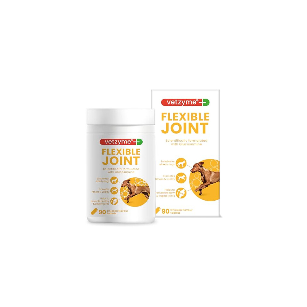 Vetzyme Flexible Joint Supplements For Dogs (90 Tablets) - Hip And Joint Care With Glucosamine, Tasty Chicken Flavour