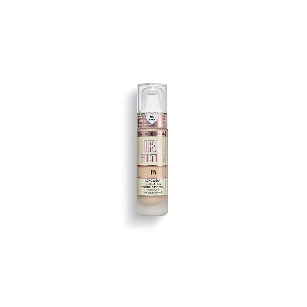 Revolution Beauty London Light Makeup Revolution Irl Filter, Longwear Foundation, Medium To Full Coverage, Matte Finish, 16 Hour Wear, F5, Fair To Skin Tones, 23Ml