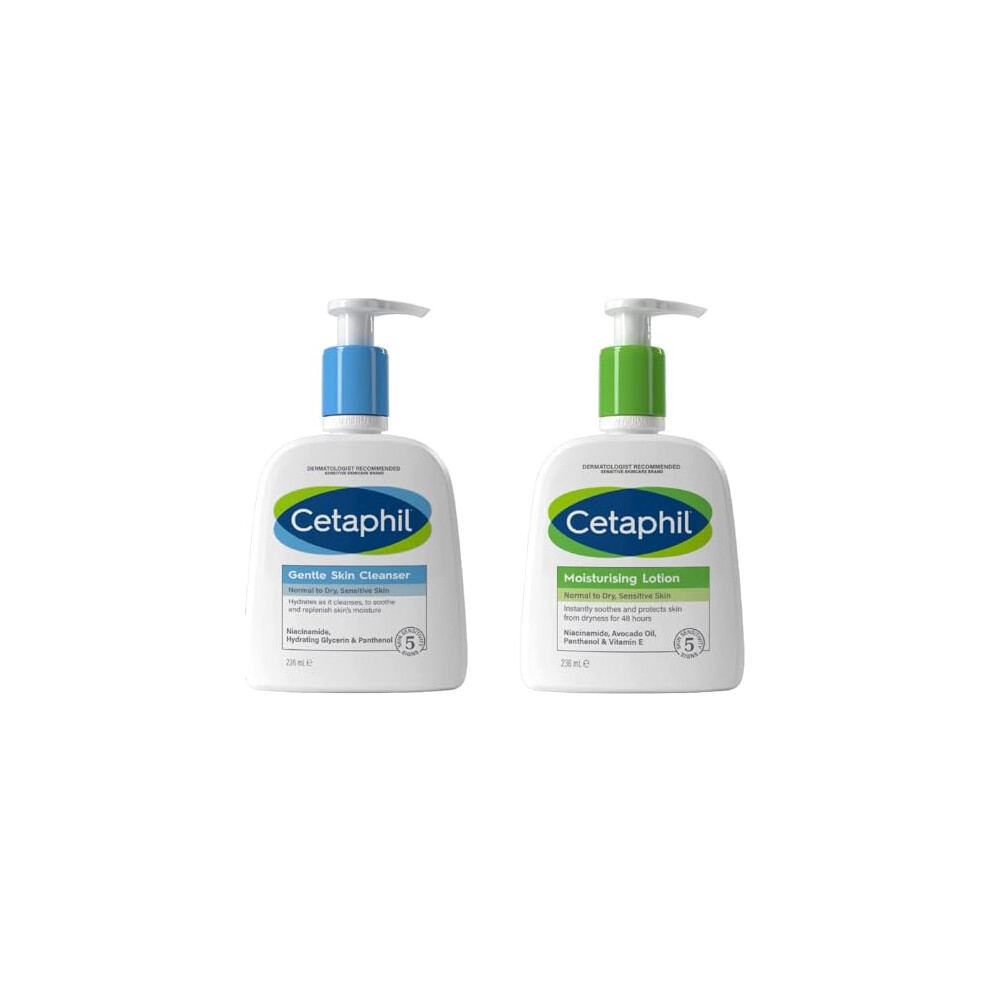Cetaphil Gentle Skin Cleanser 236ml + Moisturiser Face & Body Lotion 236ml Skincare Set, For Normal to Dry Skin & Sensitive Skin