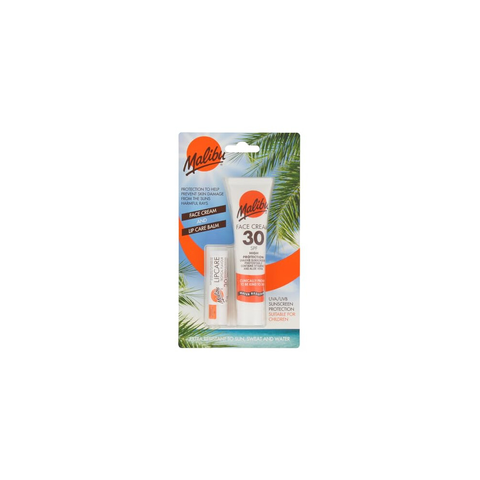 Malibu Sun SPF 30 Face Cream and SPF 30 Lip Balm Duo, High Protection Sun Cream, Water Resistant, Vitamin Enriched, 2 pack