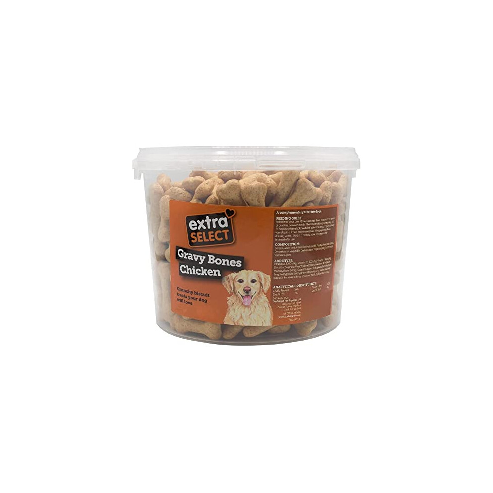 Extra Select Gravy Bones Chicken Flavoured Dog Treat Biscuits In A 1Ltr Bucket (Approx 110 Biscuits)
