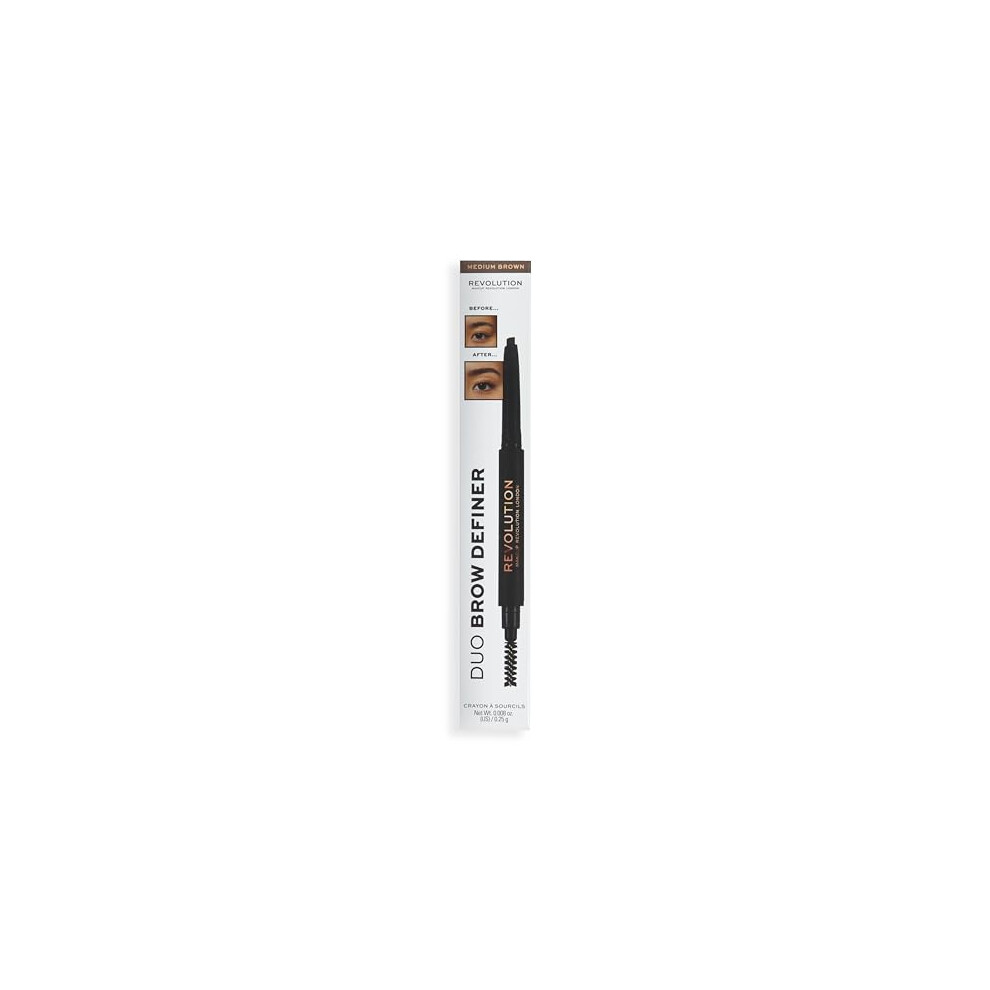 Makeup Revolution Brown Duo Brow Definer Pencil, Add Definition, Includes Brush, Medium