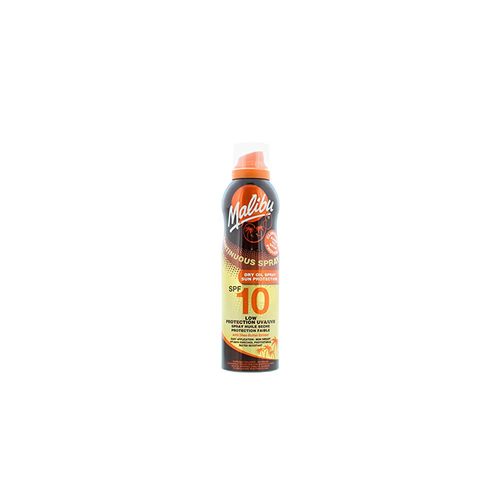 Malibu Sun SPF 10 Continuous Dry Oil Spray for Tanning with Shea Butter Extract, Low Protection, Water Resistant, 175ml