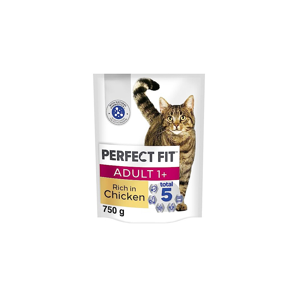 Perfect Fit Adult 1+ Complete Dry Cat Food for Adult Cats Aged 1+ Years, Rich in Chicken, 4 Bags (750 g)