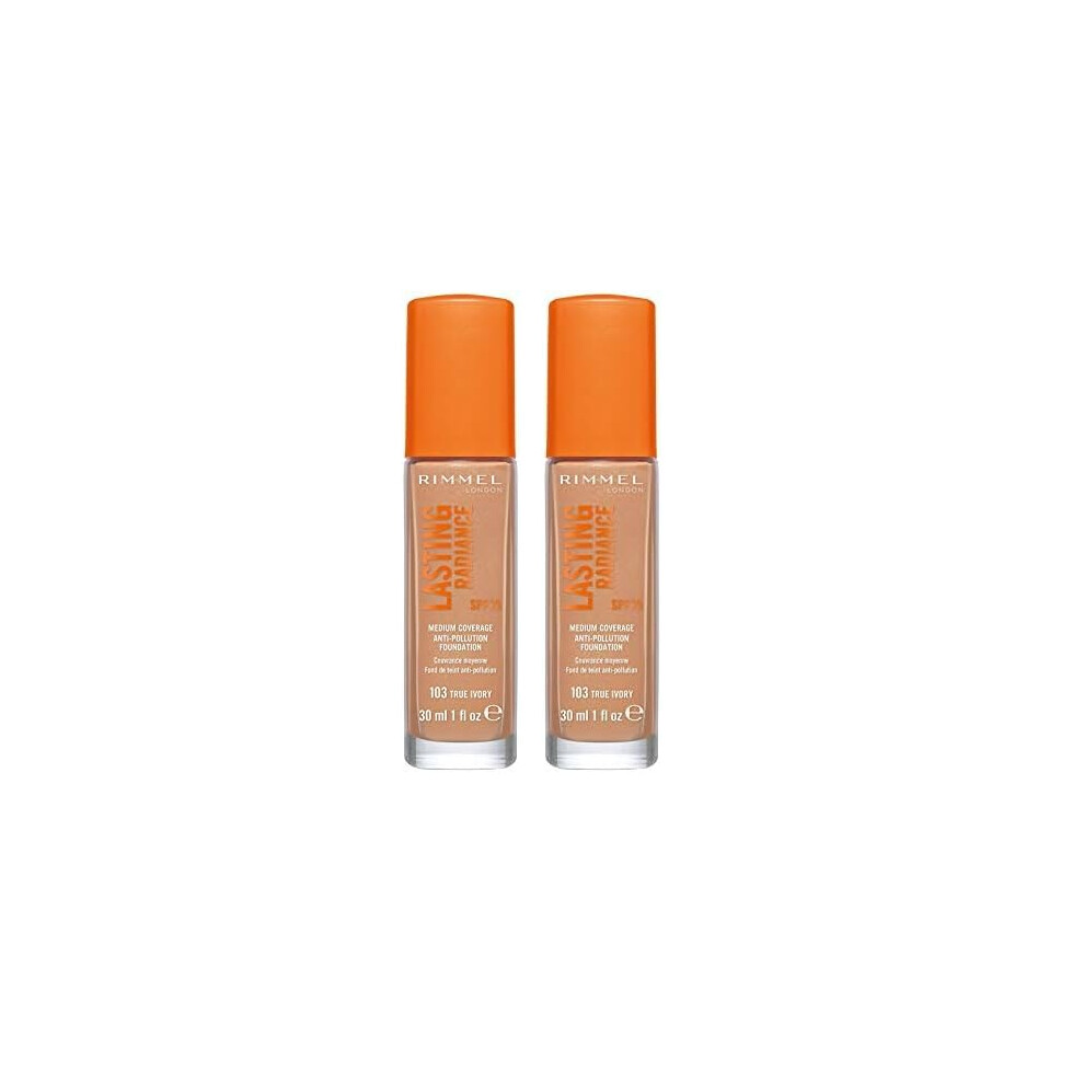 Rimmel Lasting Radiance Medium Coverage Anti Pollution Foundation, SPF 25, 103 True Ivory (Rimmel Wake Me Up Foundation Upgrade) (Pack of 2)