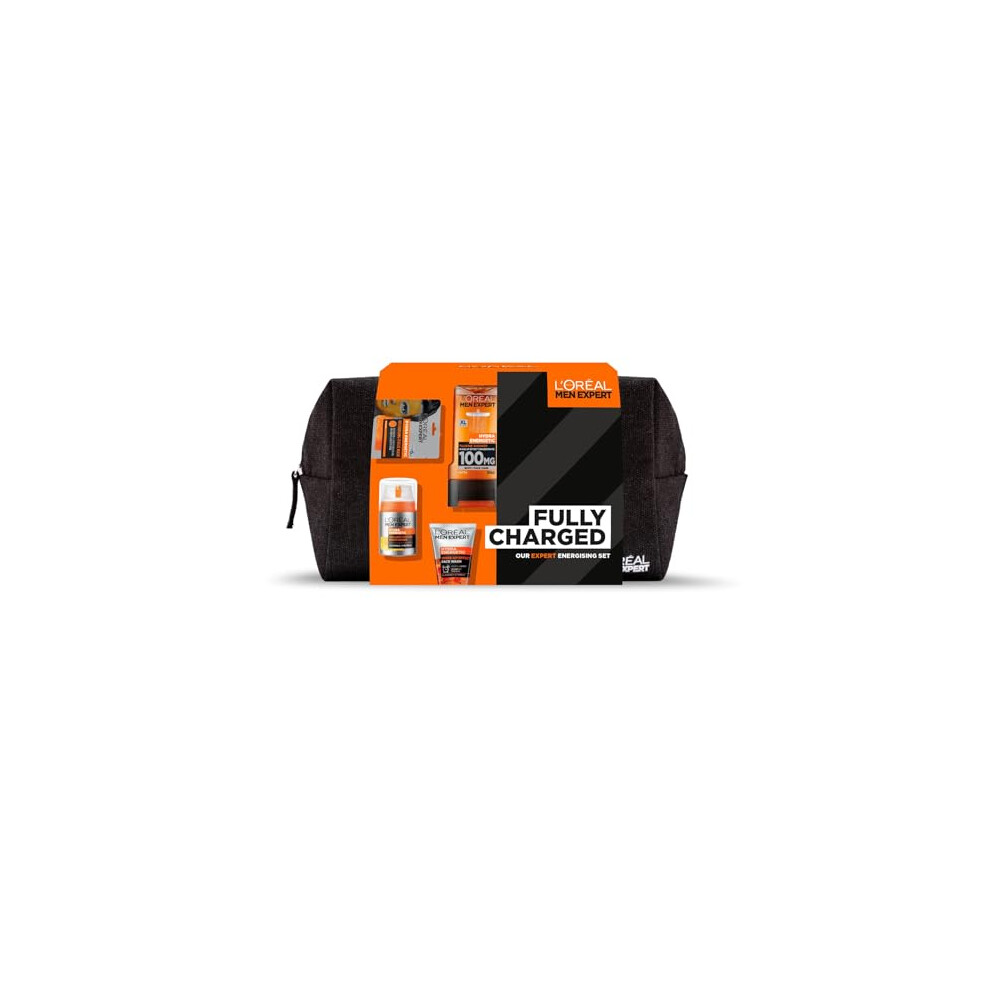 L'Oreal Men Expert Gift Set for Men, Hydra Energetic Fully Charged Washbag: Shower Gel, Moisturiser for Men, Sheet Face Mask and Face Wash