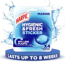 Harpic Hygienic Fresh Sticker Adhesive Toilet Block, Marine, Pack 1 x 4 stickers, Toilet Freshener, No Plastic Applicator, Up to 8 weeks of Freshness