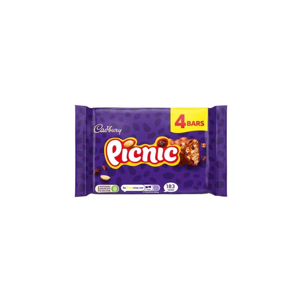 Cadbury Picnic Chocolate Bar, Milk Chocolate With Caramel, Peanuts, Crispy Cereal & Dried Grapes Centre, Multipack Of 4 X 38 G Bars (Pack Of 1)